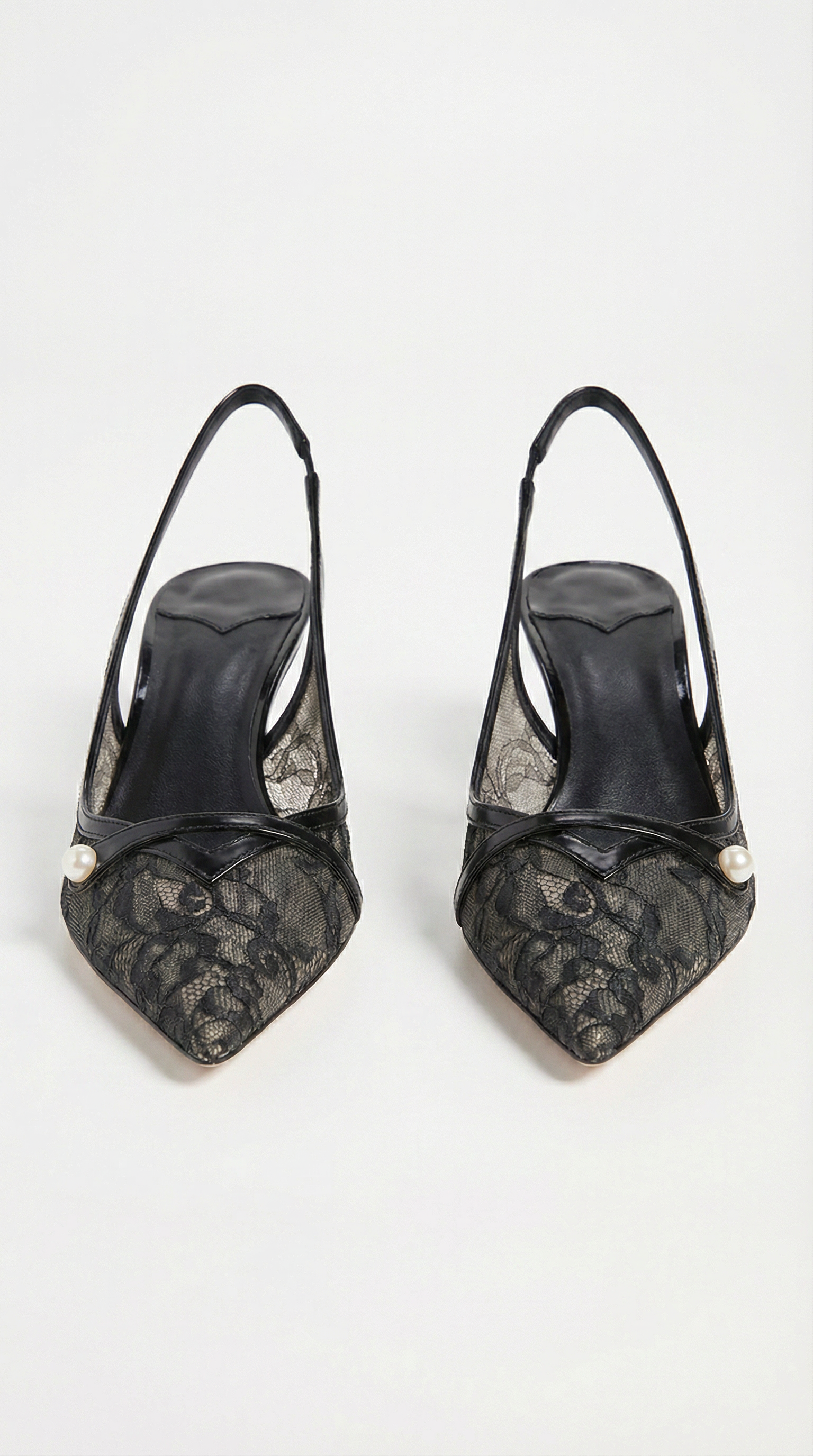 Camy - Lace-Paneled Pearl Slingback Kitten Heel Black