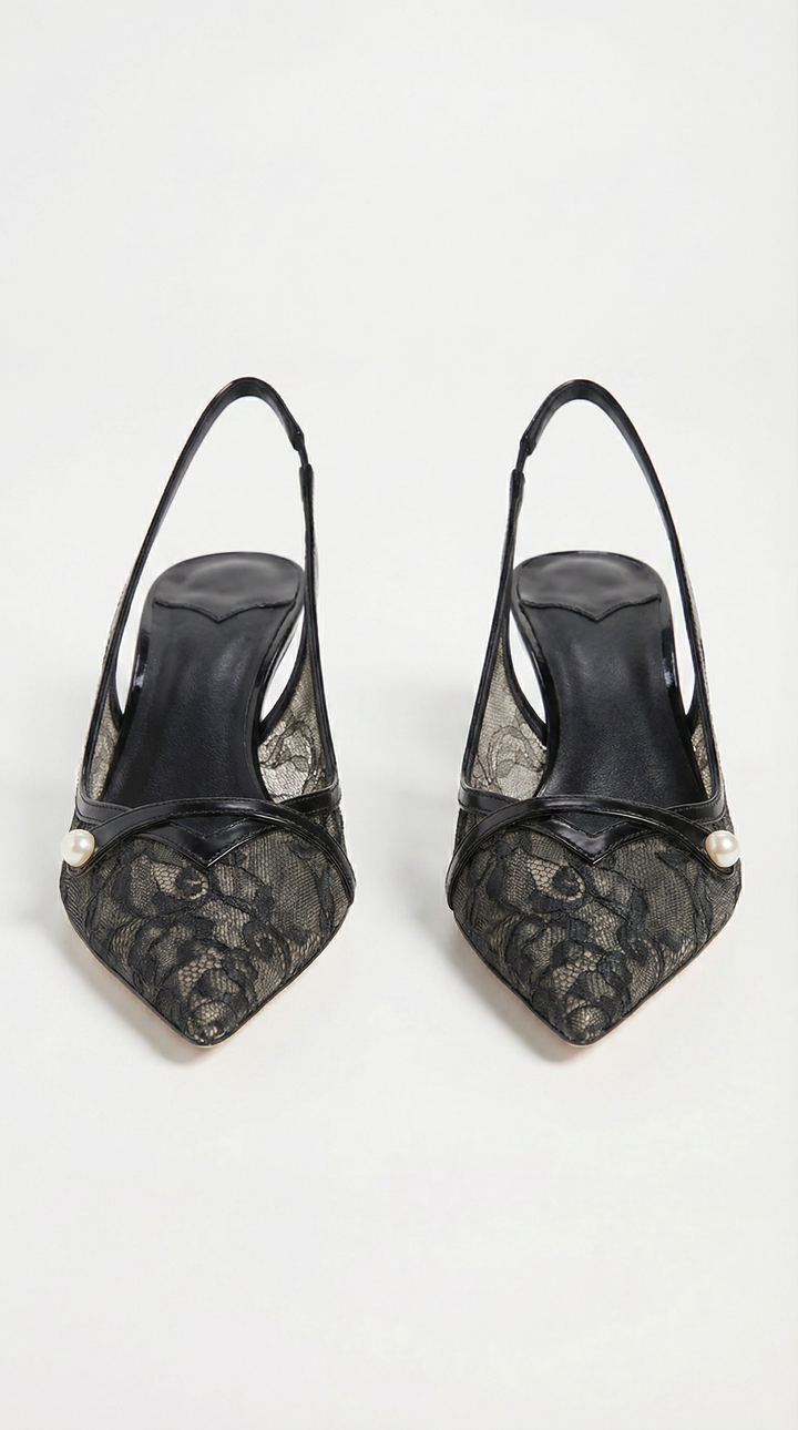 Camy - Lace-Paneled Pearl Slingback Kitten Heel Black