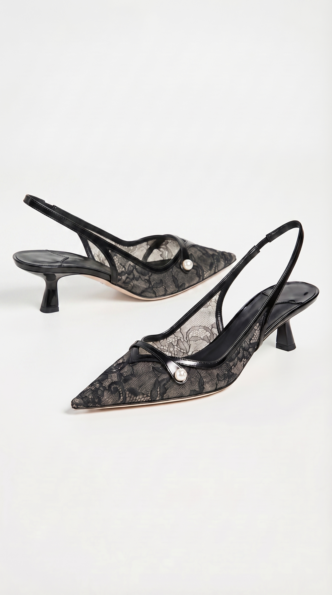 Camy - Lace-Paneled Pearl Slingback Kitten Heel Black