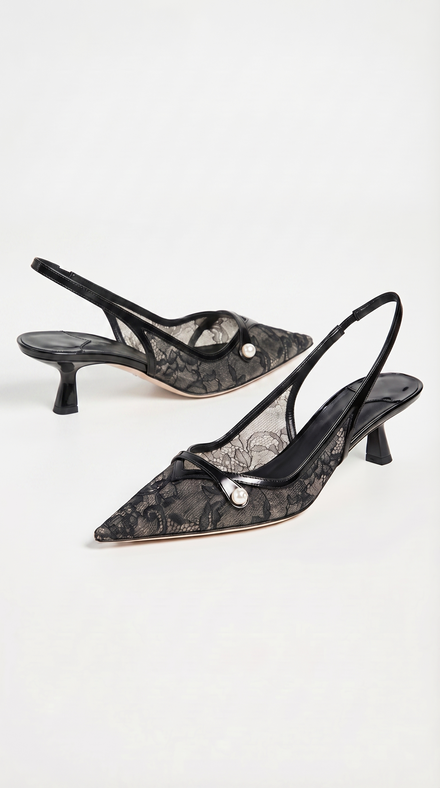 Camy - Lace-Paneled Pearl Slingback Kitten Heel Black