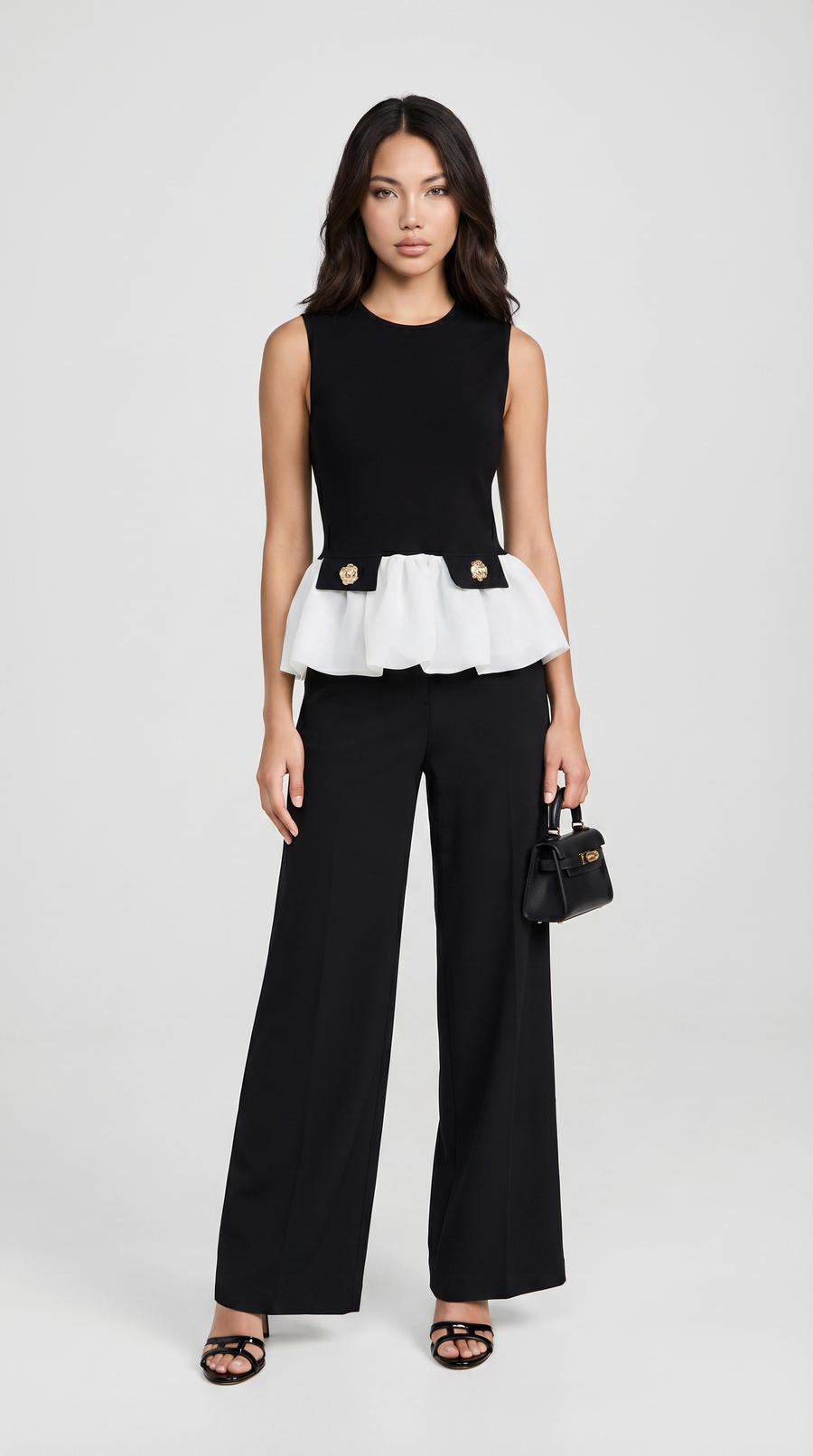 Onasis - Mixed-Media Contrast Peplum Top