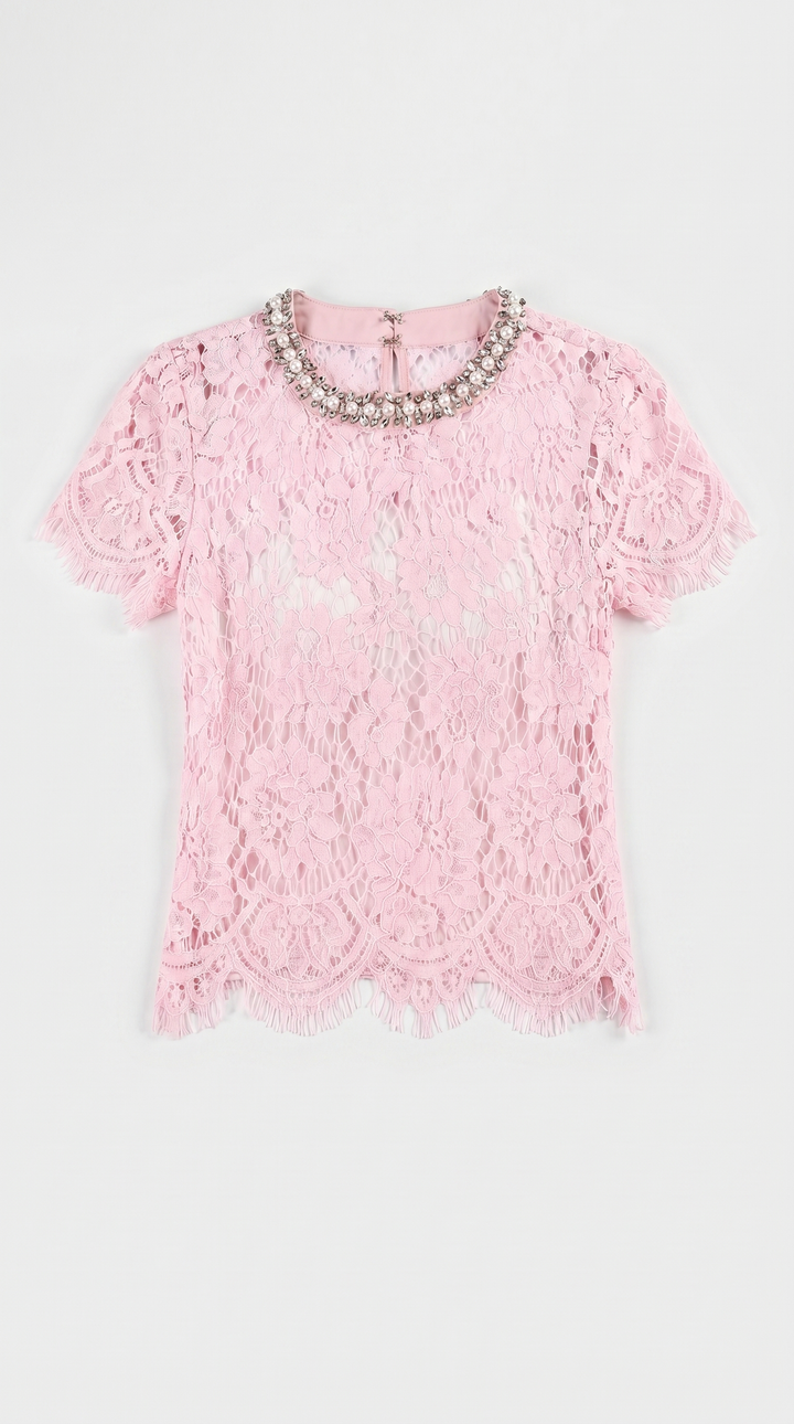 Boni - Crystal-Embellished Guipure Lace Blouse Pink