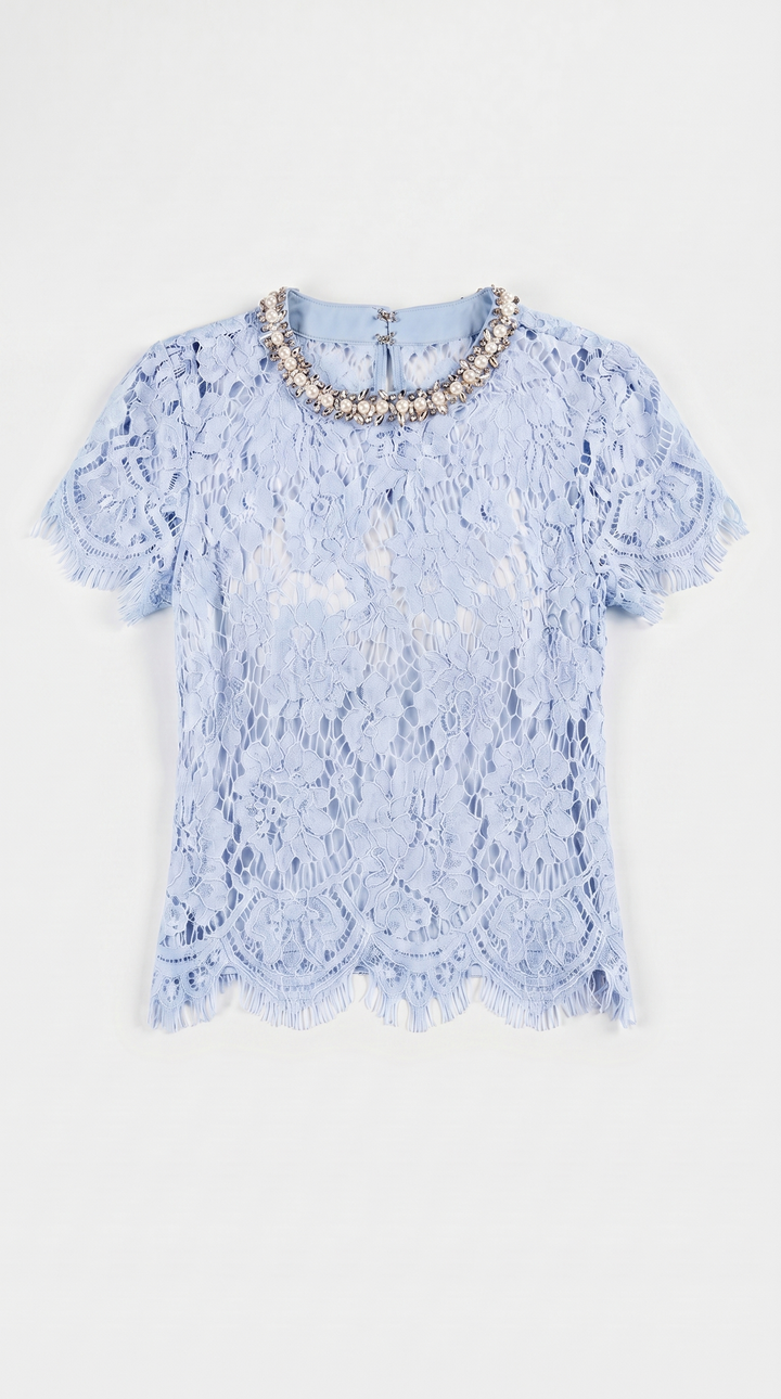 Boni - Crystal-Embellished Guipure Lace Blouse Baby Blue