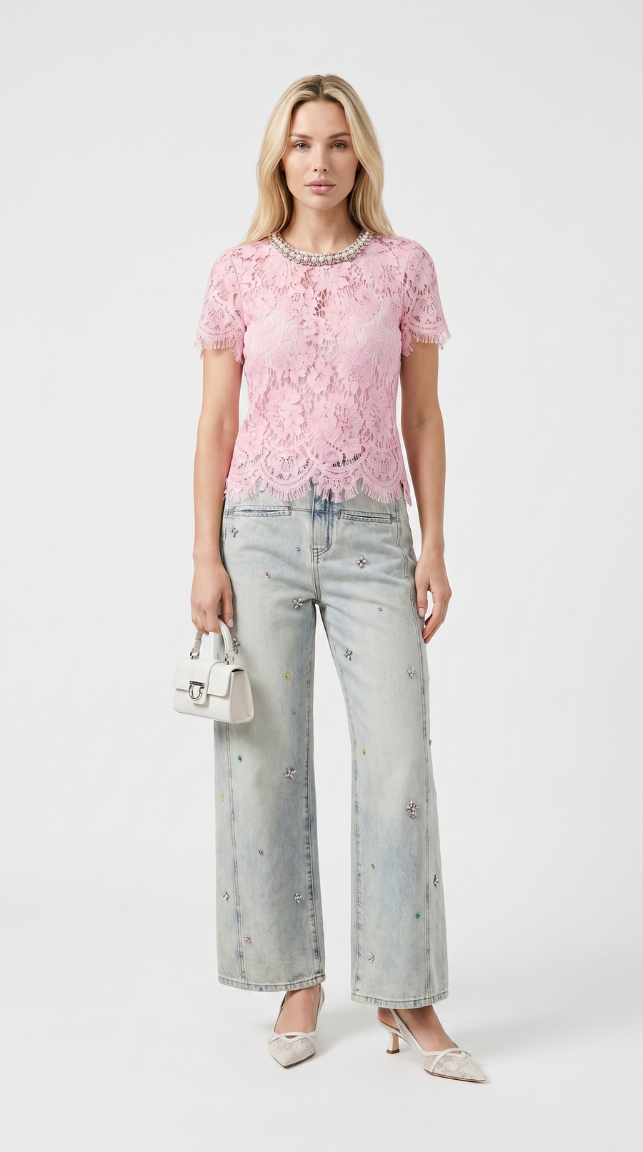 Boni - Crystal-Embellished Guipure Lace Blouse Pink