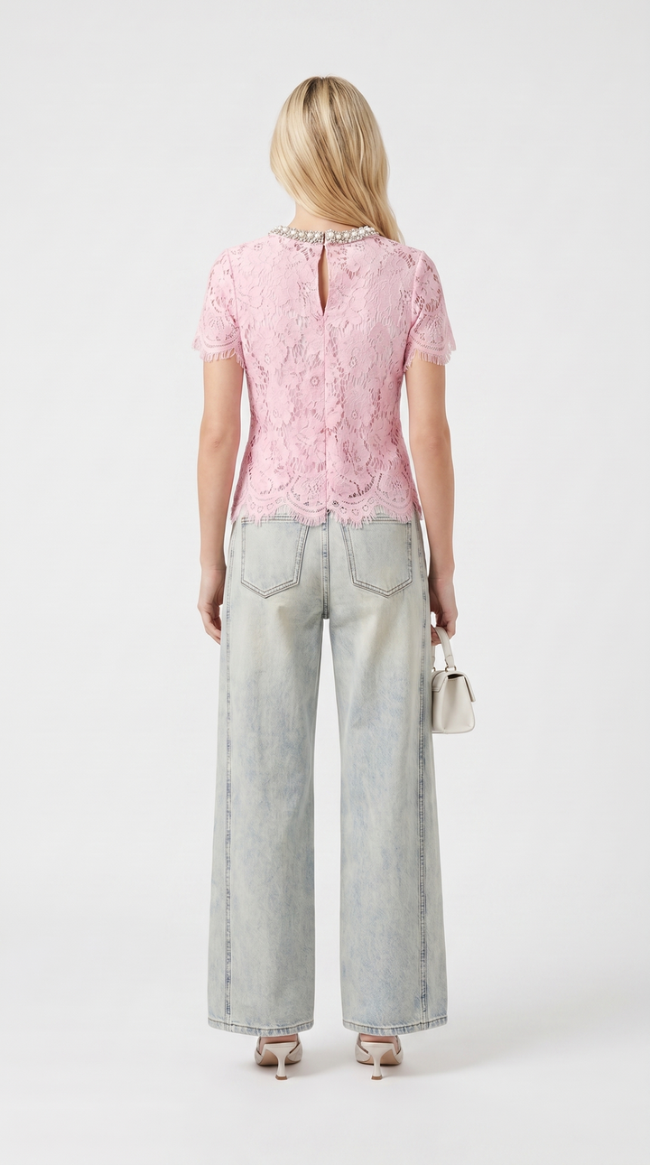 Boni - Crystal-Embellished Guipure Lace Blouse Pink