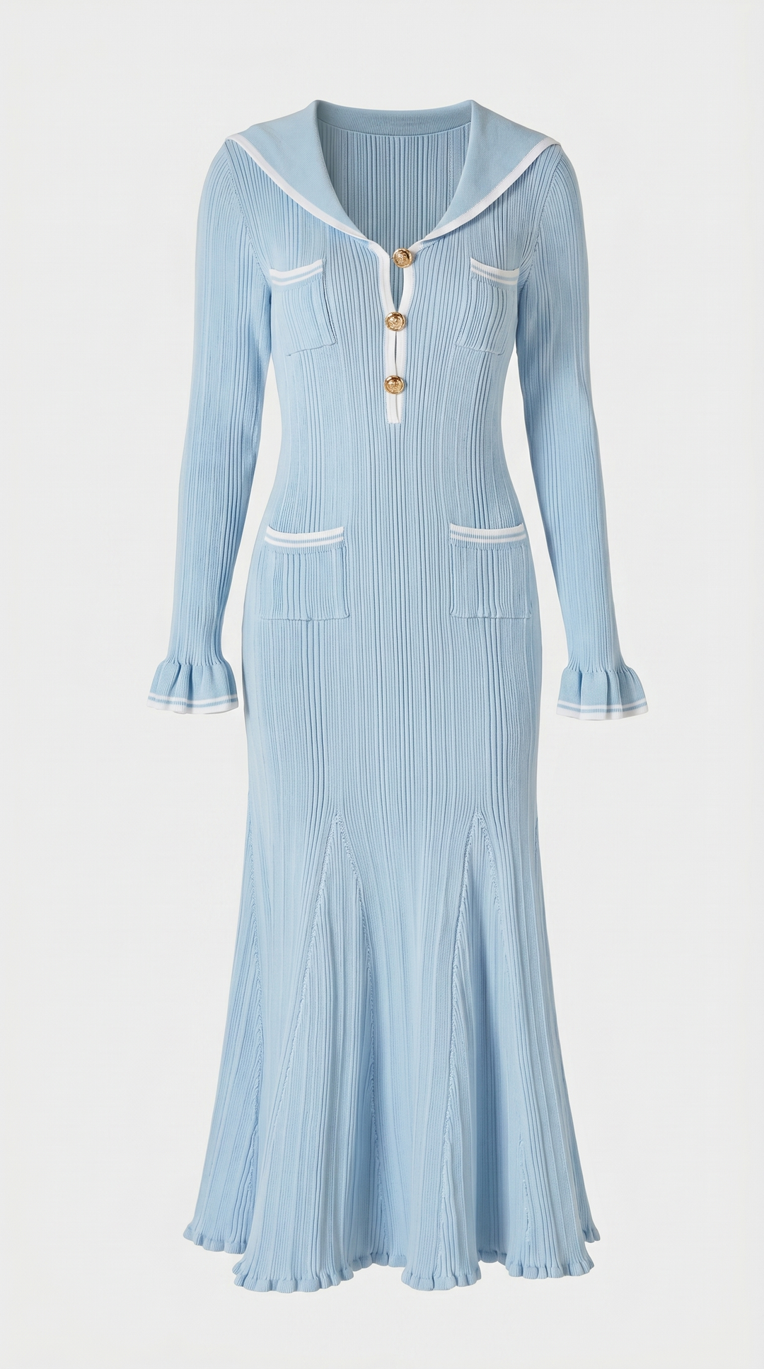 Lari - Ribbed Knit Sailor-Collar Maxi Dress Blue