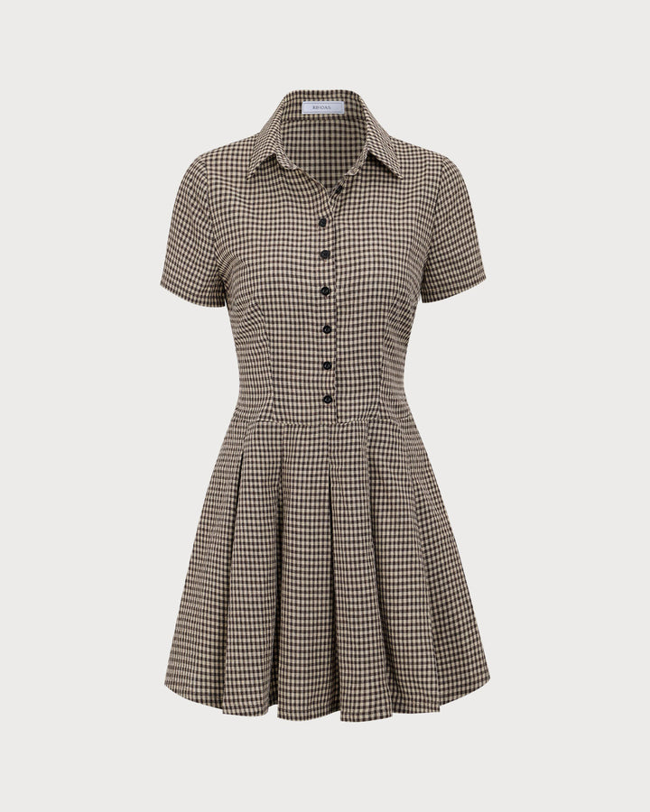 Brown Plaid Lapel Pleated Mini Dress