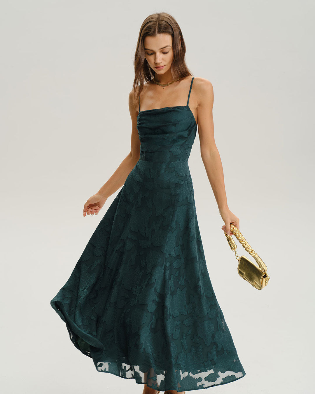 Green Jacquard A-Line Slip Maxi Dress