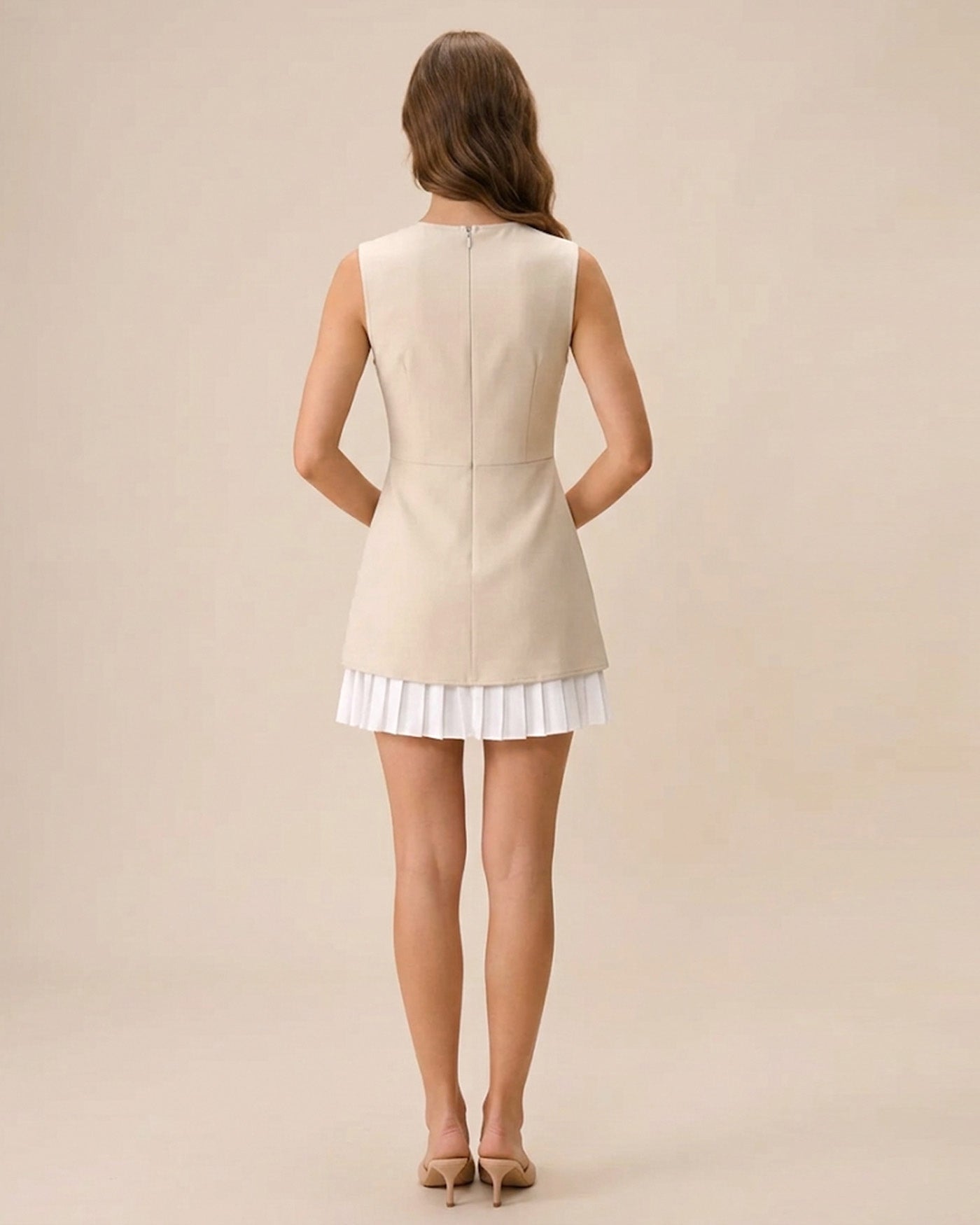 Women's Apricot Splicing Pleated Mini Dress
