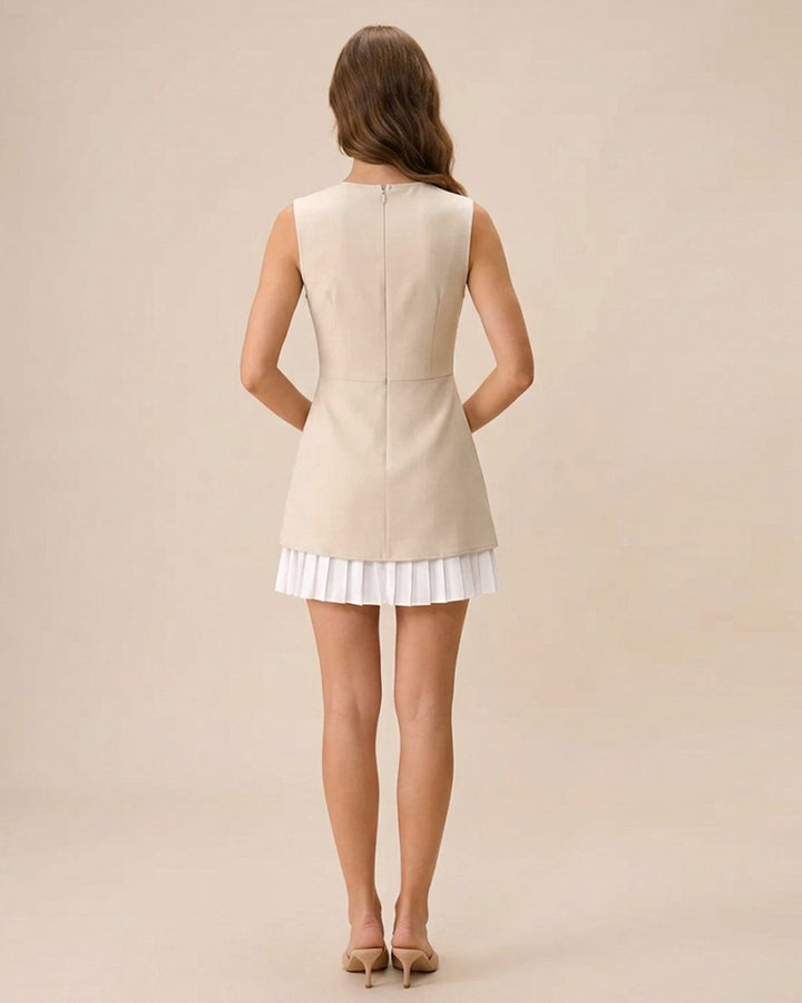 Women's Apricot Splicing Pleated Mini Dress